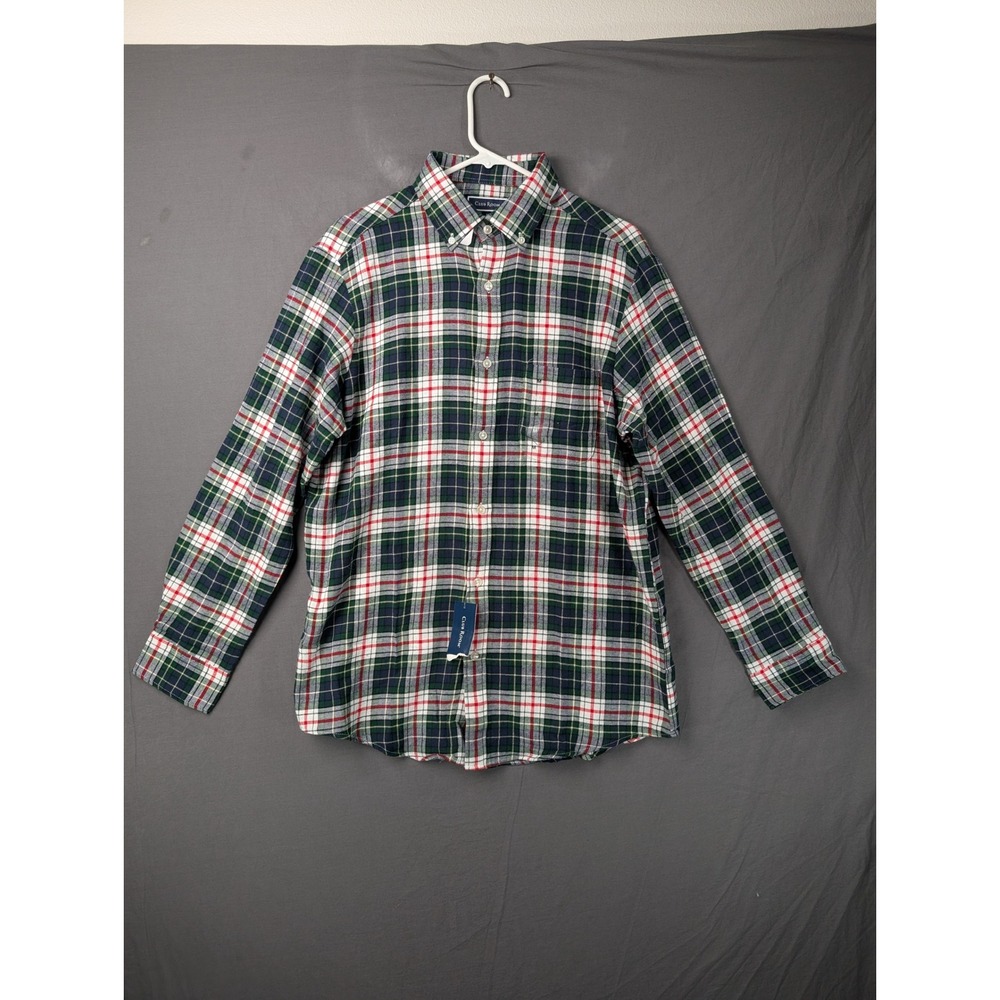 Club Room Mens Flannel Button Down Shirt Green Red White Plaid Medium NEW